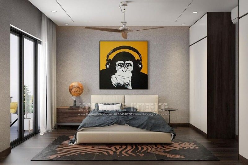 Bố trí phòng ngủ hiện đại đẹp với tranh canvas treo tường cùng quả địa cầu độc đáo.