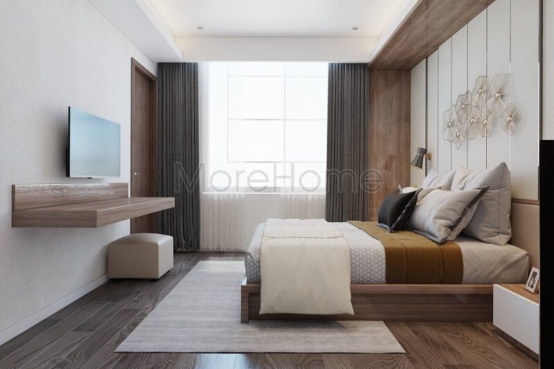 Mẫu thiết kế nội thất phòng ngủ khách sạn 5 sao cao cấp với sàn ốp gỗ cao cấp, kệ ti vi treo nhỏ gọn trên tông màu nâu chủ đạo