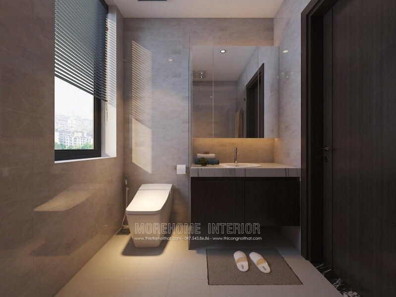 Tủ phòng tắm sẫm màu kết hợp cùng mặt bàn đá lavabor cùng thiết kế hiện đại giúp cho phòng tắm nhỏ trở nên đẹp, sang trọng và đầy tiện ghi.