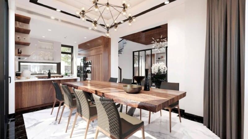Sẽ là một gợi ý độc đáo với sự có mặt tủ bếp gỗ óc chó veneer nâu trầm kết hợp gam màu trắng sáng, long lanh từ tủ bếp trên gỗ công nghiệp acrylic và mặt bàn bếp đá nhân tạo gốc thạch anh. Sự tương phản giữa 2 sắc màu sẽ là ý tưởng tuyệt vời cho bố trí nội thất phòng bếp hiện đại cho không gian nhà phố, biệt thự.