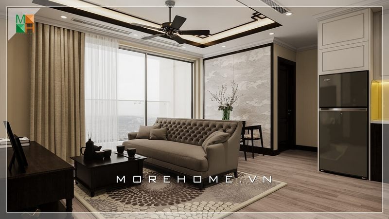 Không gian phòng khách của chung cư đầy sang trọng với thiết kế tân cổ điển mang đến vẻ đẹp lịch lãm cho căn nhà.