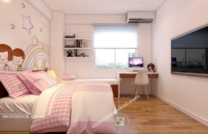 Mẫu thiết kế nội thất phòng ngủ trẻ trung cho bé gái với đồ nội thất đơn giản, tiện nghi