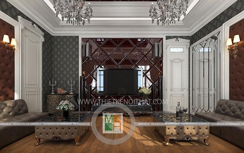 Gương ghép ô trang trí tường phòng karraoke giúp không gian phòng được cơi nới và sang trọng hơn