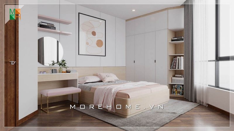 Nếu bạn muốn sử dụng lát sàn bằng gỗ nhưng không muốn căn phòng của mình quá u tối bởi nội thất tối màu, hãy để Morehome gợi ý cho bạn một mẫu phòng ngủ tông trắng hồng dịu dàng này nhé