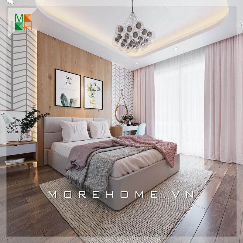 Ấn tượng với sàn lát gỗ và gỗ ốp tường tự nhiên cao cấp cho phòng ngủ tăng sự tiện nghi và độc đáo.