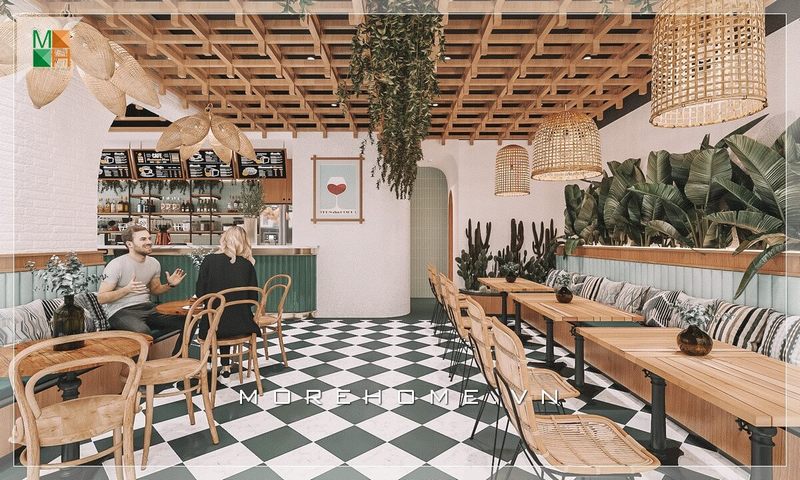 Mẫu thiết kế quán cafe với nội thất gỗ kiểu dáng hiện đại, không gian quán được bố trí cây xanh và phối màu ấn tượng