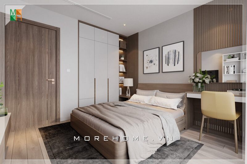 Giường ngủ hiện đại màu nâu trẻ trung là yếu tố thiết kế nổi bật của căn phòng ngủ đẹp.