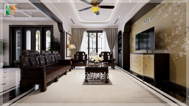 Bàn trà được đặt ở giữa phòng khách, tạo nên sự ấn tượng và lịch sự khi có khách ghé thăm.
